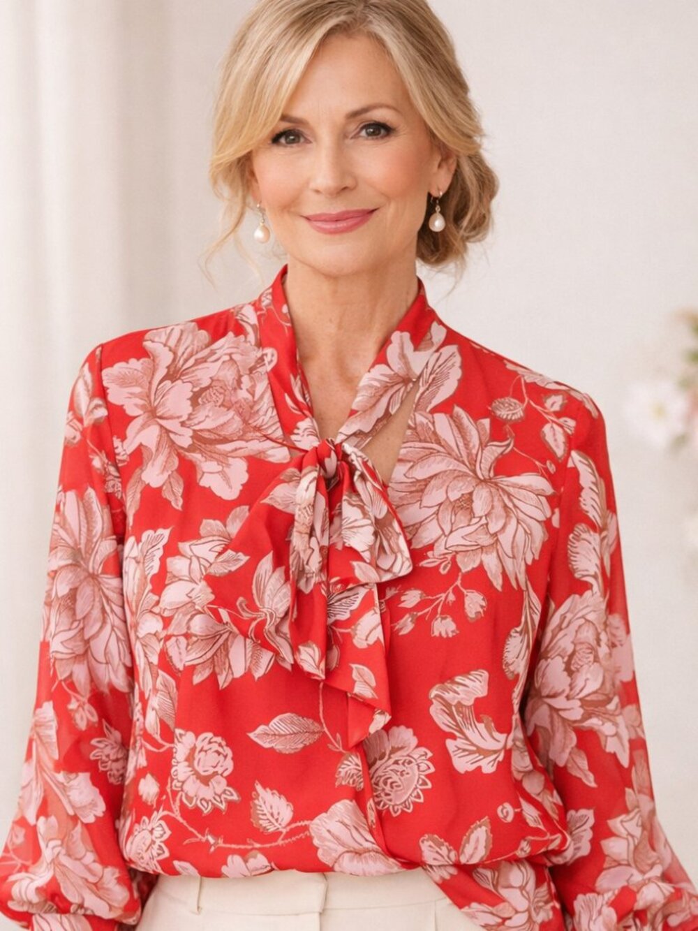 Vici Vibrant Red-Orange Floral Print Long Sleeve Dressy Blouse Size Large